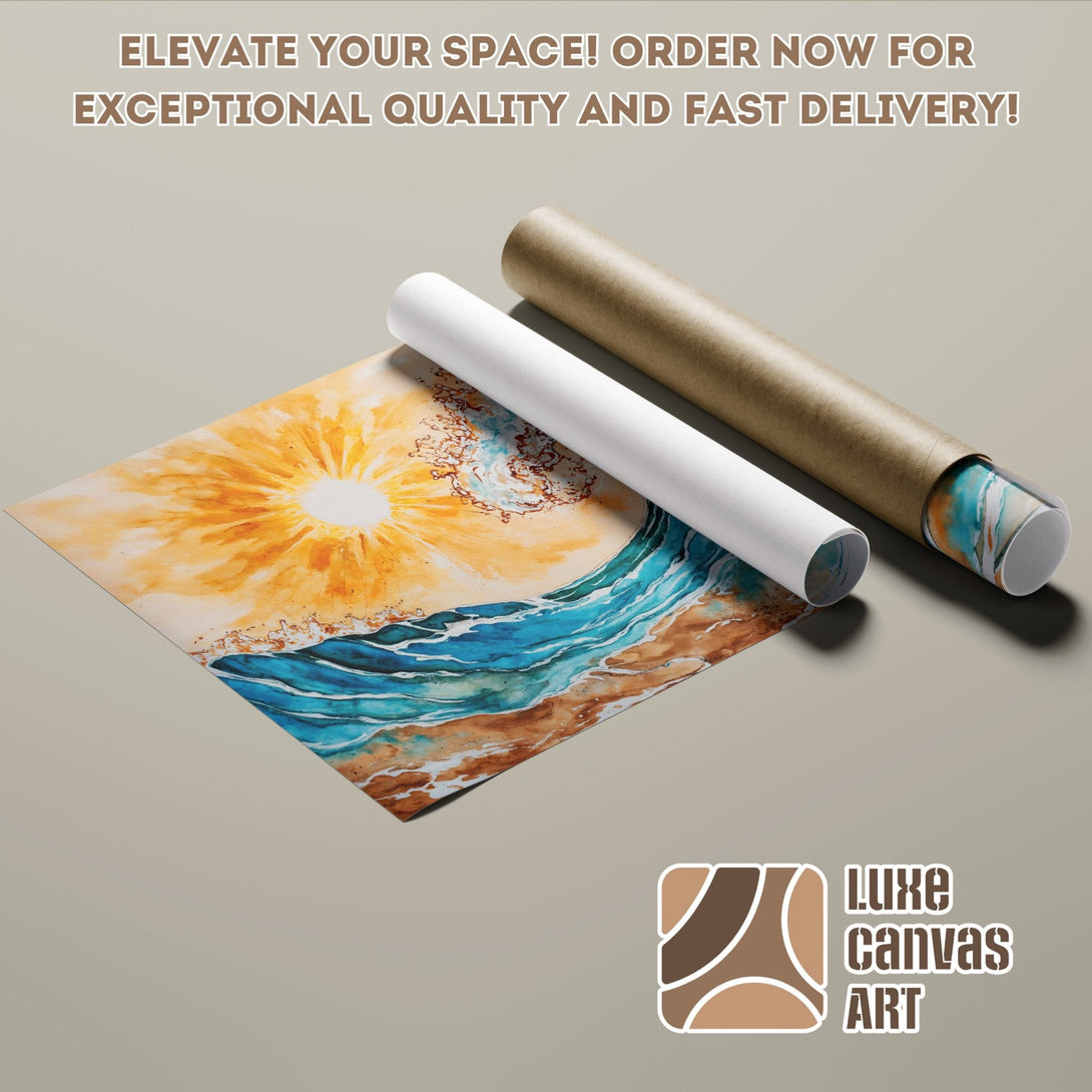 Watercolor ocean poster roll with warm sunset colors. Elevate your space with this beautiful art poster!