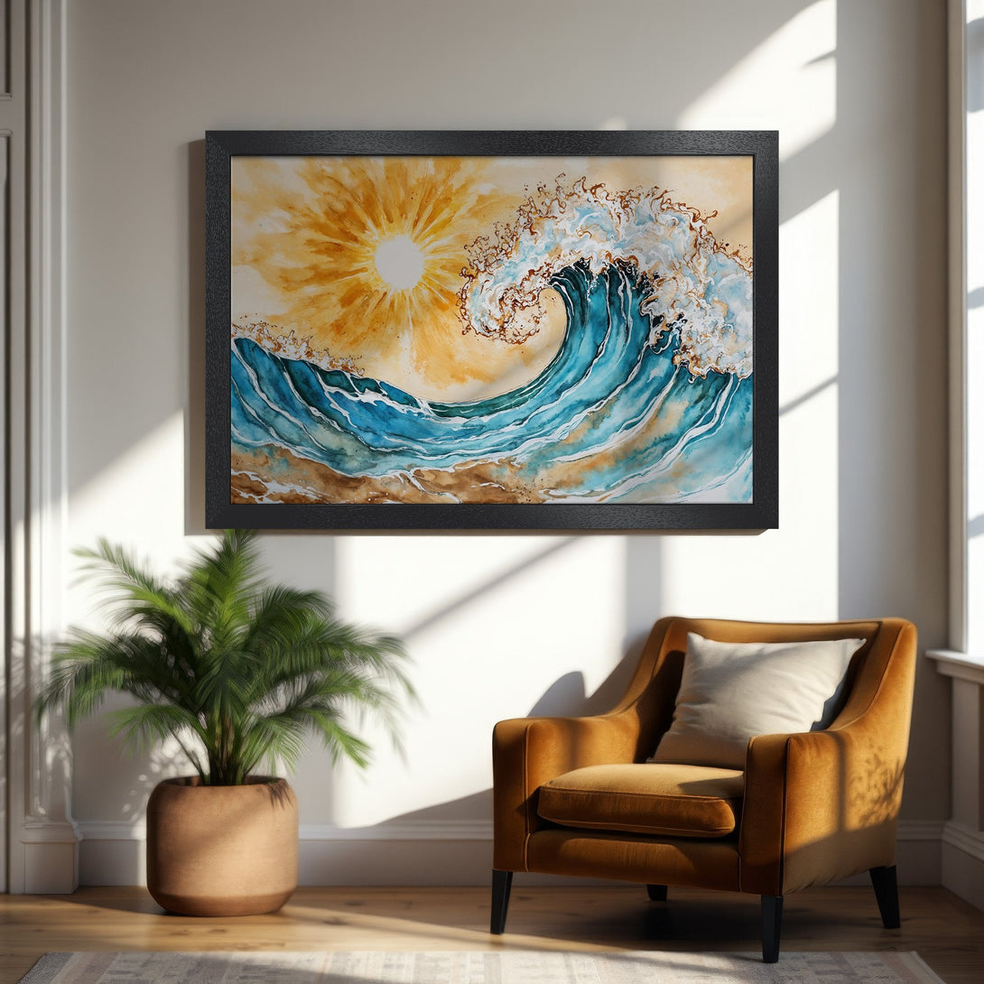 Framed Poster of a watercolor wave art print. Features ocean colors, sun, and gold accents. Perfect for coastal decor.