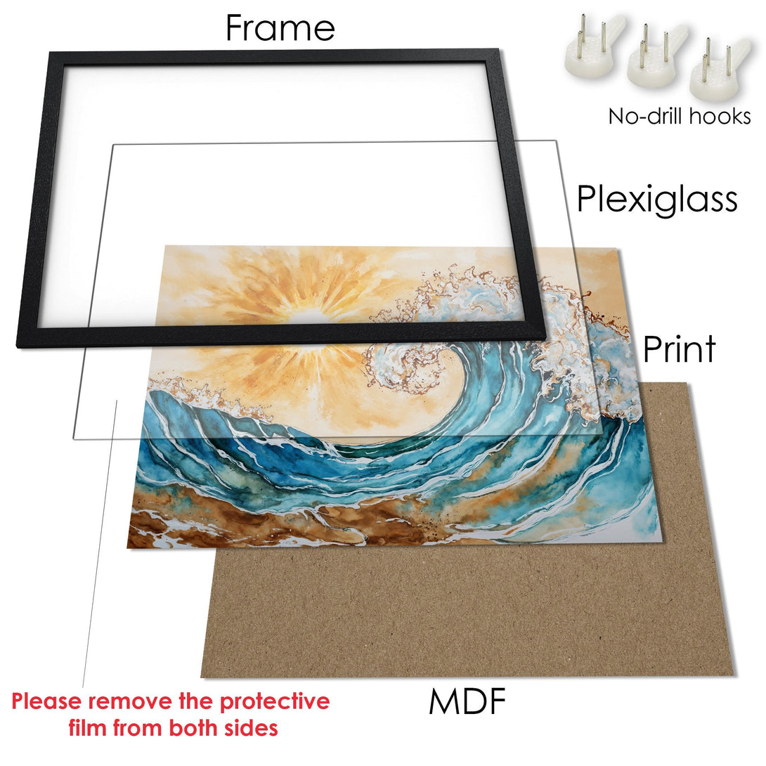 Framed Poster of a watercolor wave in blue, gold, and beige. Coastal art print for your home.
