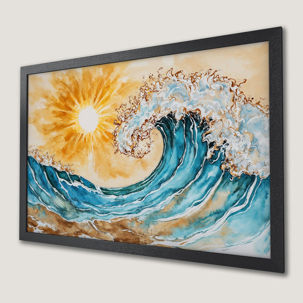 Framed Poster of a watercolor wave with sun, in blue, gold, and brown tones. Perfect wall art!
