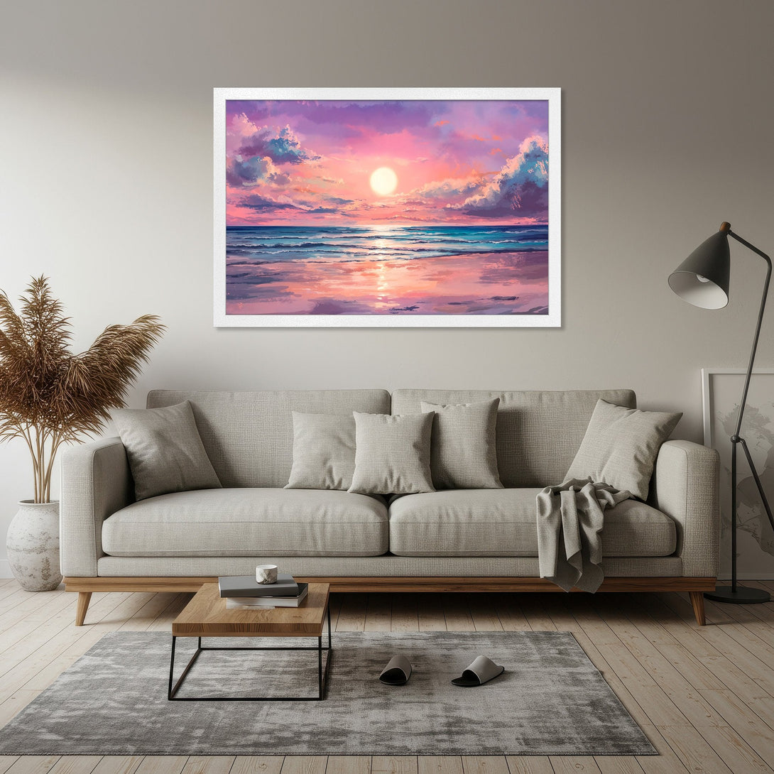 Framed Poster of a sunset over the ocean, painted in a dreamy style with a vibrant pink, purple, and blue color palette. Perfect wall art!
