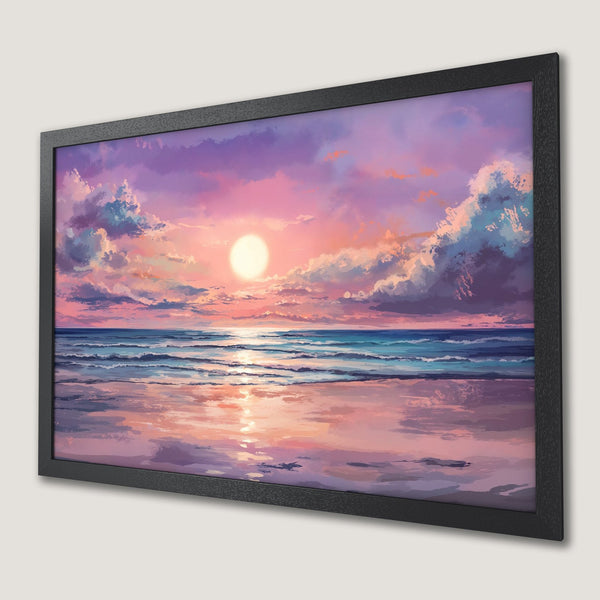Framed Poster of a sunset beach scene in a dreamy, painterly style, featuring a pink and purple color palette.