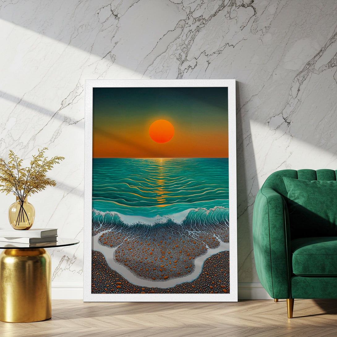 Framed Poster featuring a sunset over the ocean in vibrant teal, orange, and brown tones. Bring coastal vibes to your home!