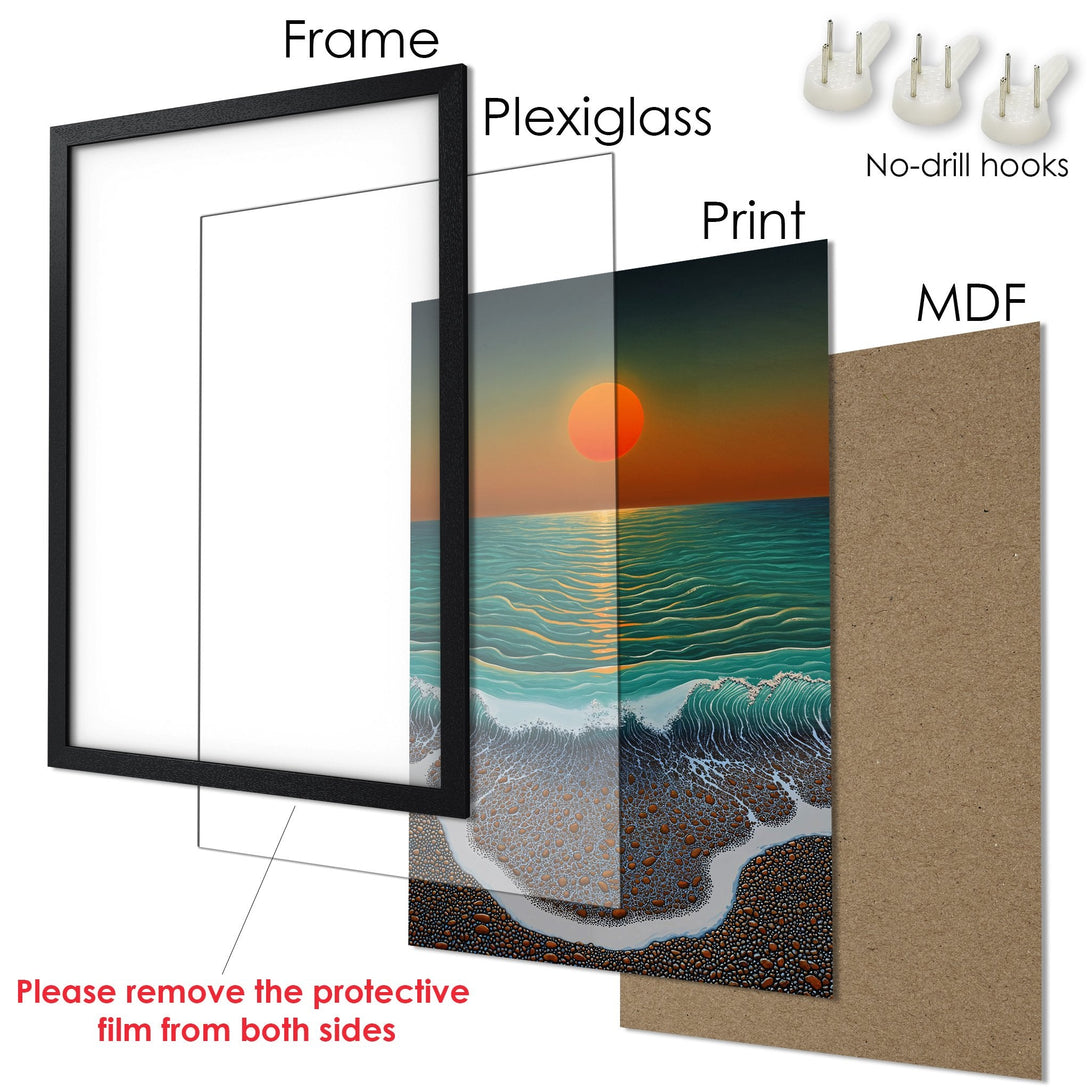 Framed Poster featuring an ocean sunset in vibrant orange, teal, and brown tones. Modern art style. Ready to hang.
