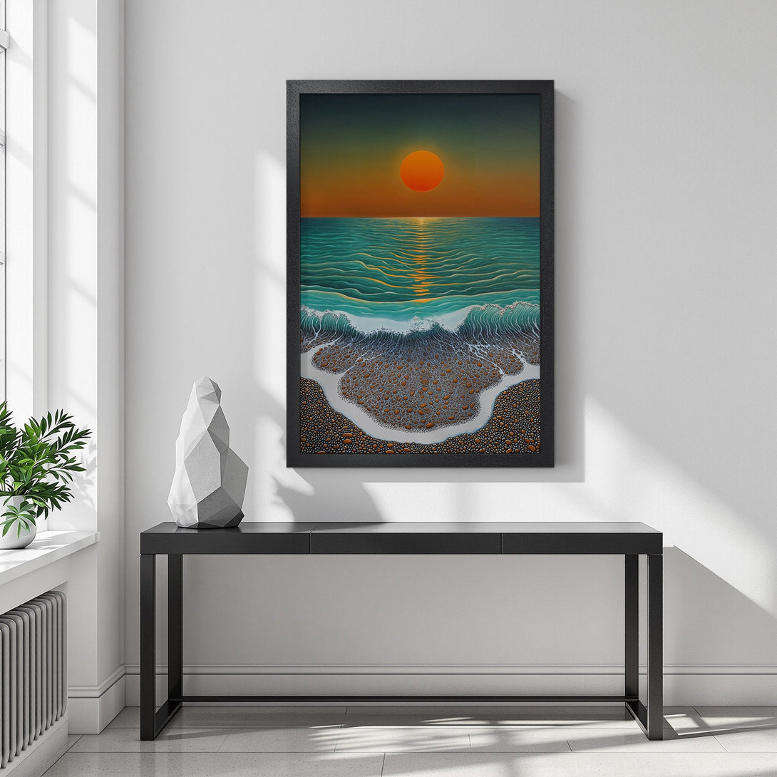 Framed Poster of a sunset over the ocean. Artistic style, warm orange, teal, and brown color palette. Perfect wall art for your home.