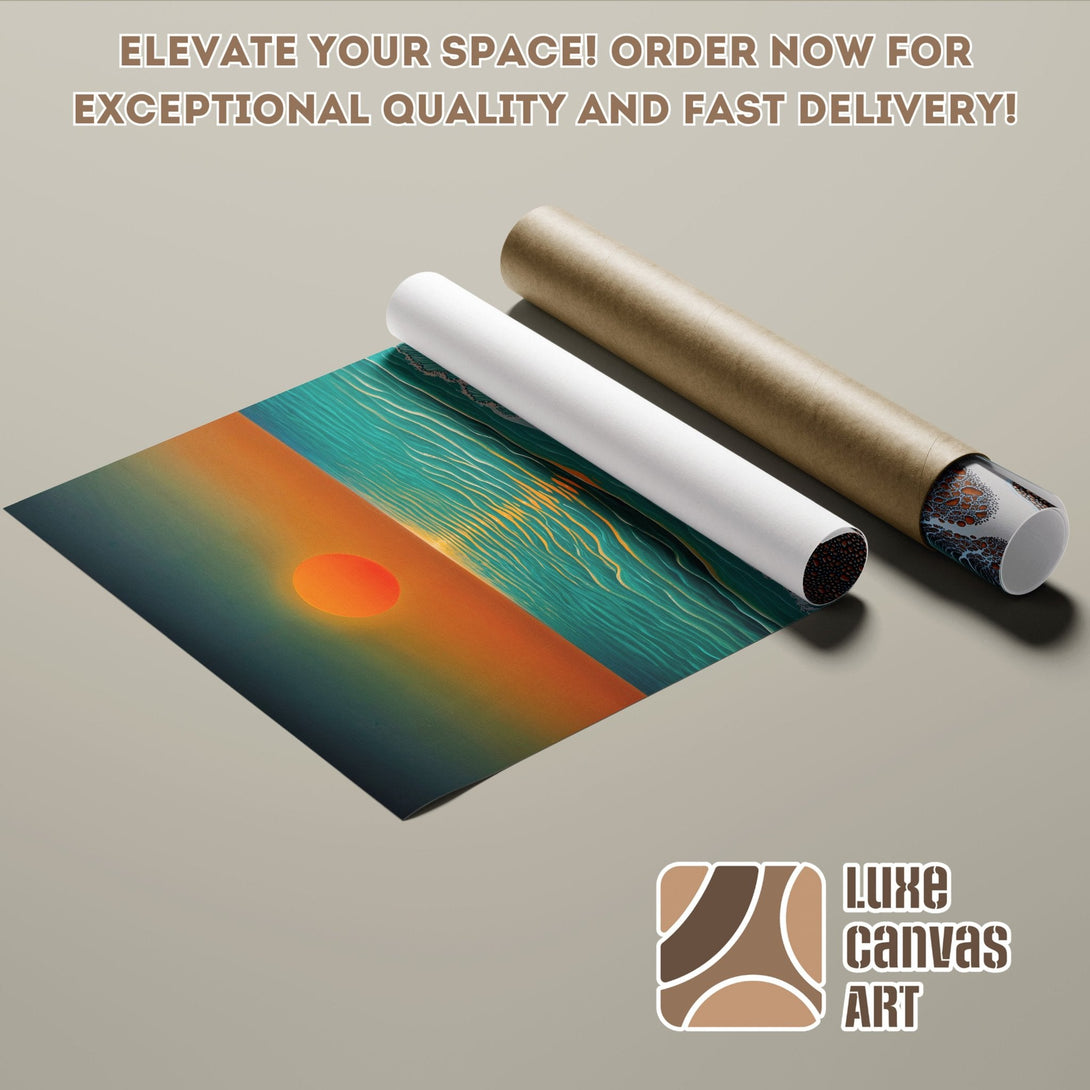 Abstract sunset Poster Roll art in teal, orange, and brown. Elevate your space!