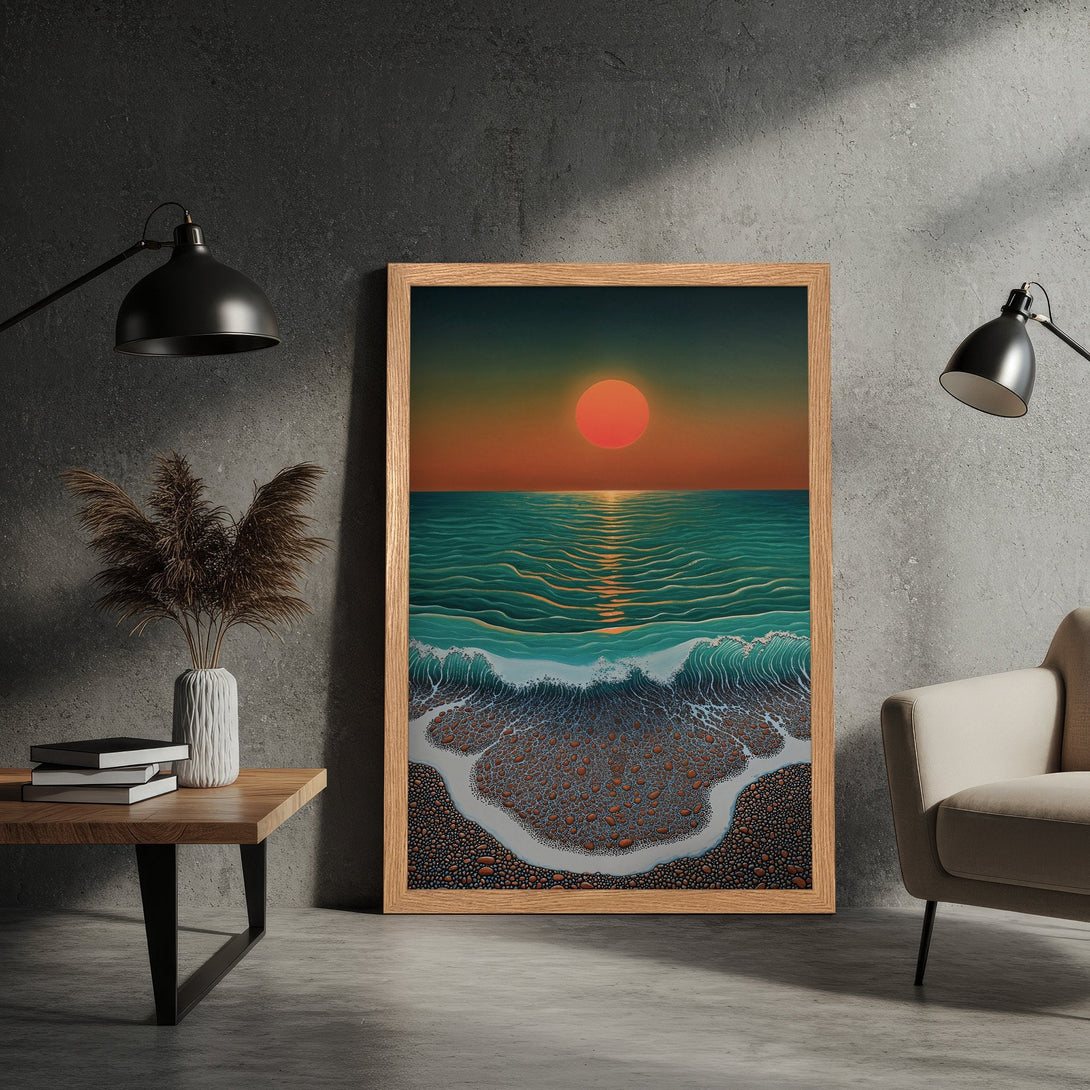 Framed Poster featuring a sunset over the ocean, in a retro style with warm orange and teal tones. Coastal wall art.