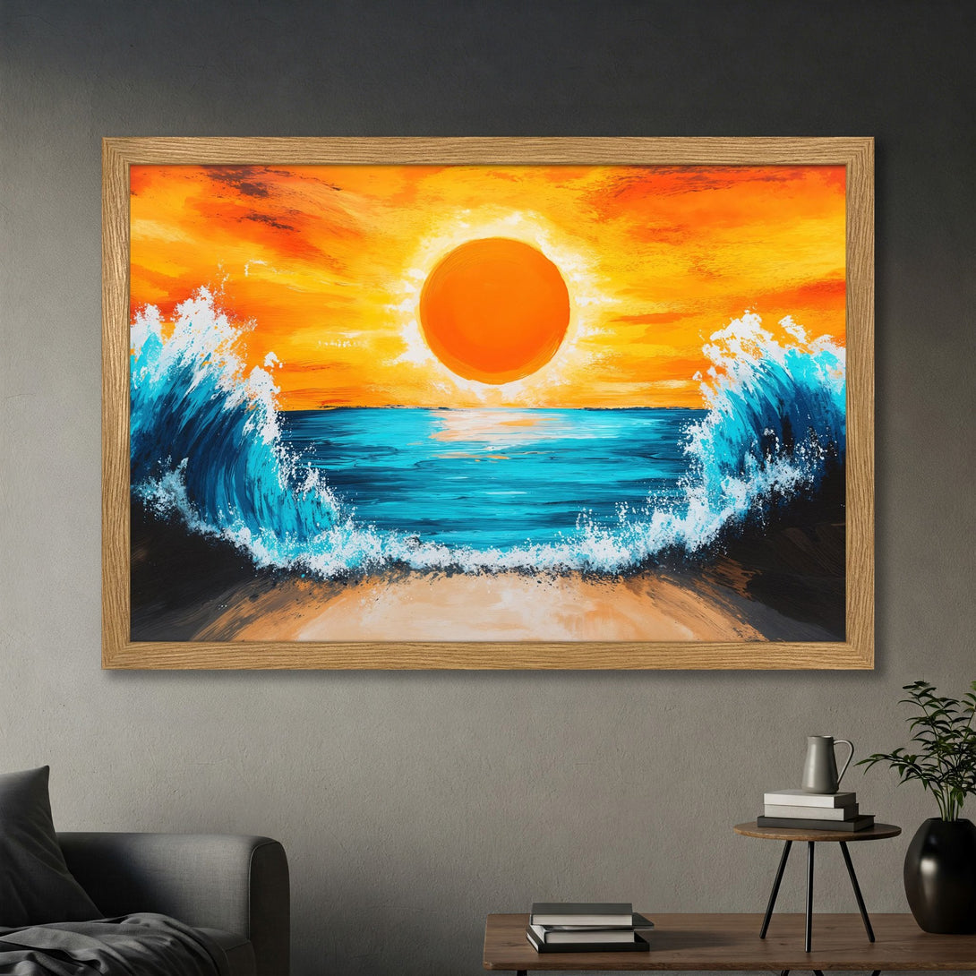 Framed Poster of a vibrant sunset over the ocean. Bold, impressionistic style with a warm orange and cool blue color palette. Perfect wall art!