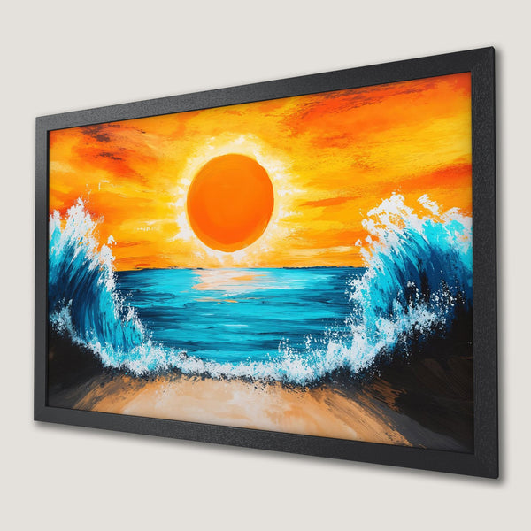 Framed Poster featuring a vibrant ocean sunset. Bold, colorful artwork with blues, oranges, and yellows. Perfect wall art for any room.