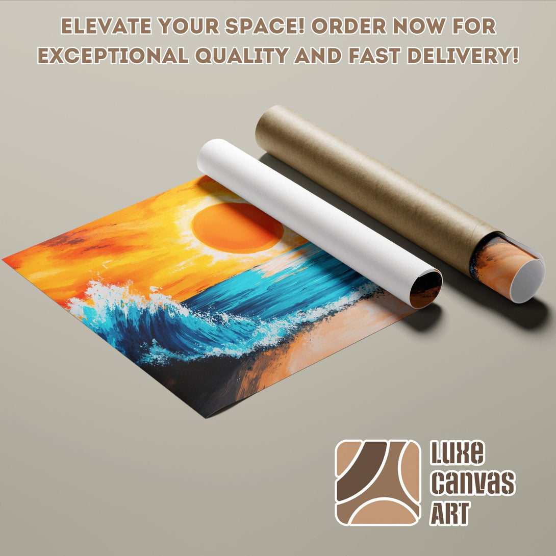Abstract ocean wave Poster Roll with vibrant orange, blue, and brown colors. Elevate your space with art!