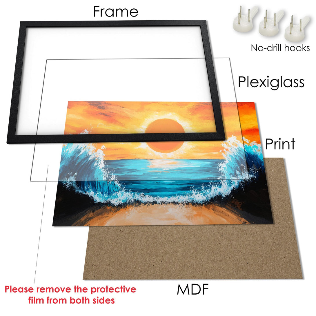 Framed Poster: Ocean sunset art print with vibrant orange, blue, and black color palette. Perfect wall decor!