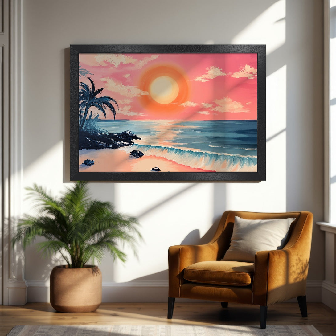 Framed Poster of a beach sunset in a vibrant pink and blue palette, perfect for coastal decor.