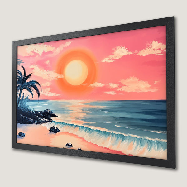 Framed Poster of a sunset beach scene. Tropical style, vibrant pink, orange, and blue color palette. Perfect wall art!