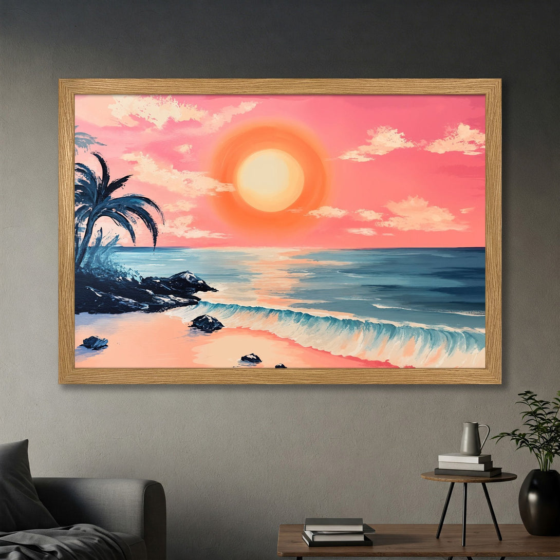 Framed Poster of a beach sunset in a vibrant pink, orange, and blue color palette. Perfect wall art for a coastal vibe.