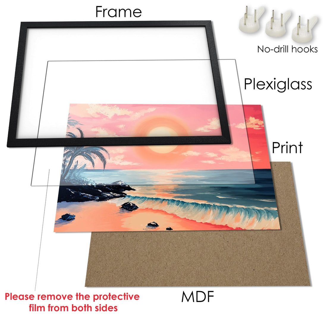 Framed Poster of a beach sunset in pink and blue. Coastal art print, ready to hang.