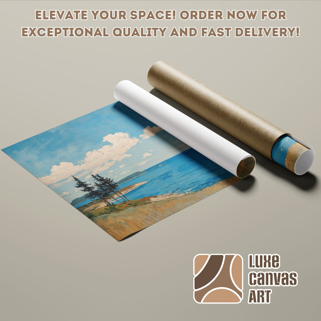 Scenic landscape poster roll, blue and brown color palette, perfect for home decor.
