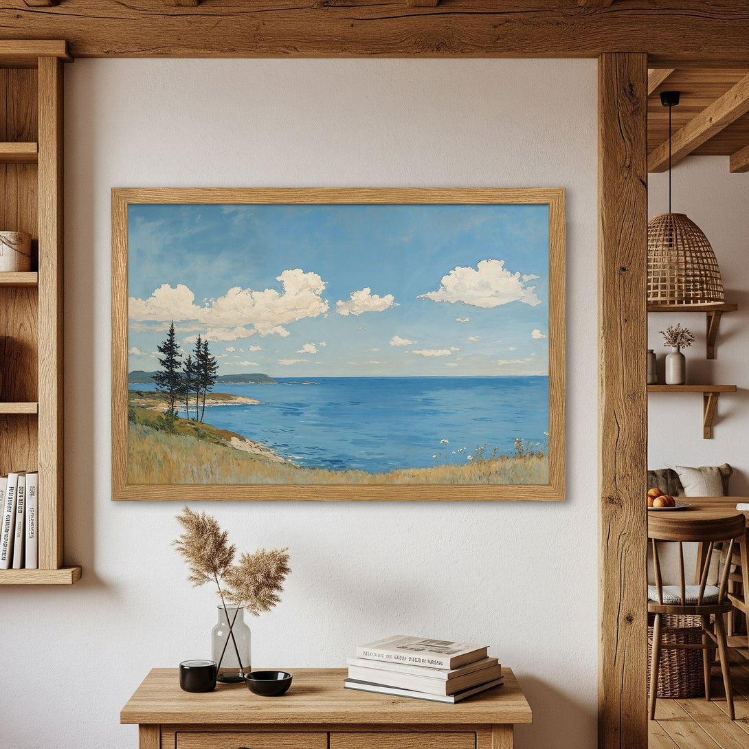 Framed Poster of a serene coastal landscape painting. Featuring blue, white, and earthy tones, this art print adds a touch of tranquility to any space.
