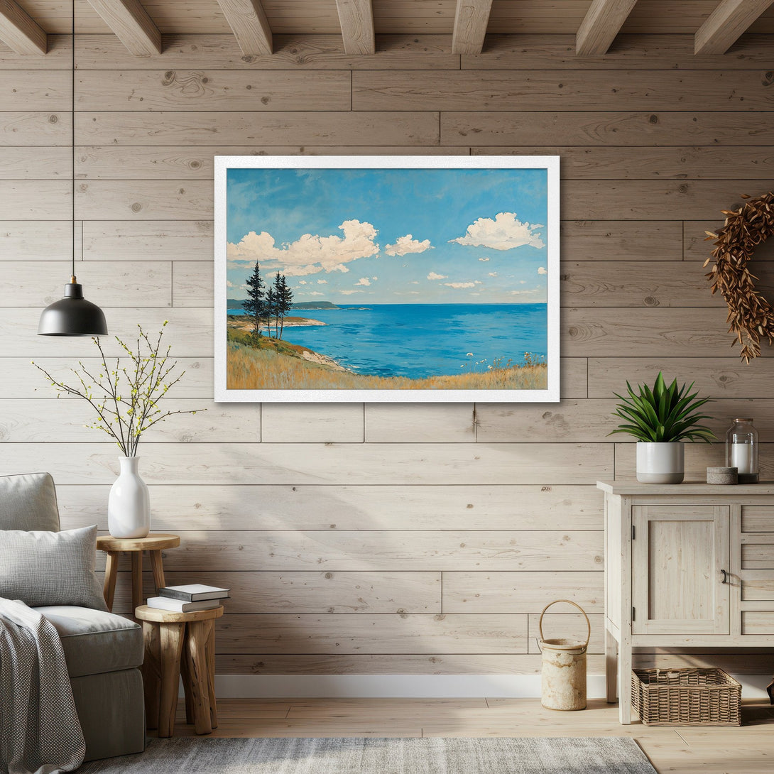 Framed Poster of a serene coastal landscape in a classic style, featuring blue, white, and green hues for a calming aesthetic.
