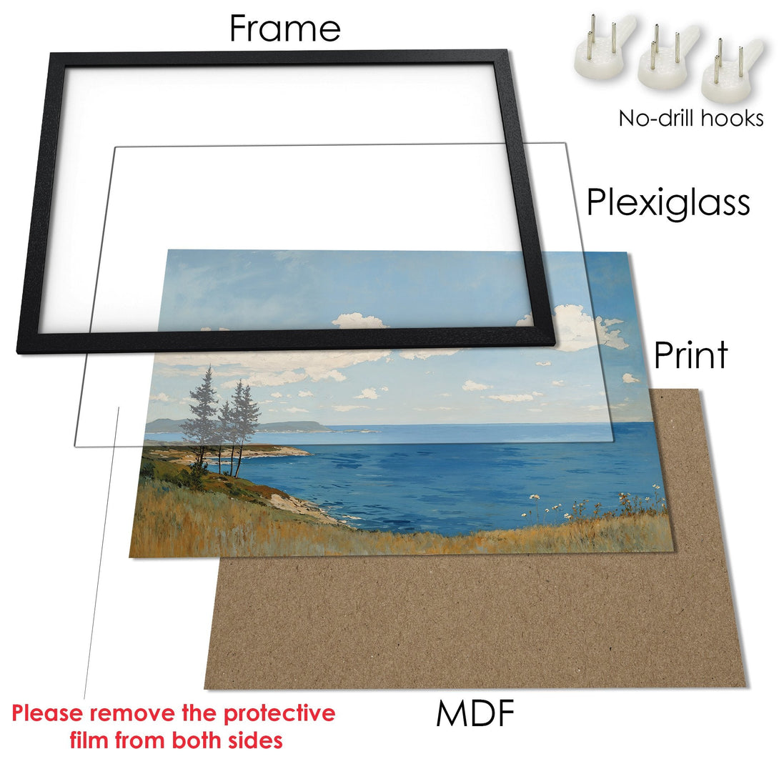 Framed Poster of a serene coastal landscape painting in a muted blue and gold color palette. Perfect wall art!