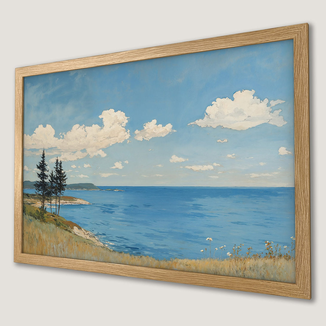 Framed Poster of a serene seascape painting with blue, white, and green hues. Coastal art in a wooden frame.