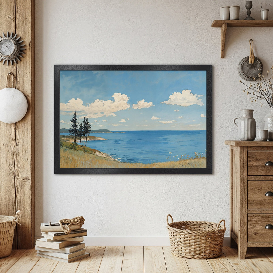 Framed Poster of a serene seascape painting in a classic style, featuring blue, white, and green hues. Perfect wall art!