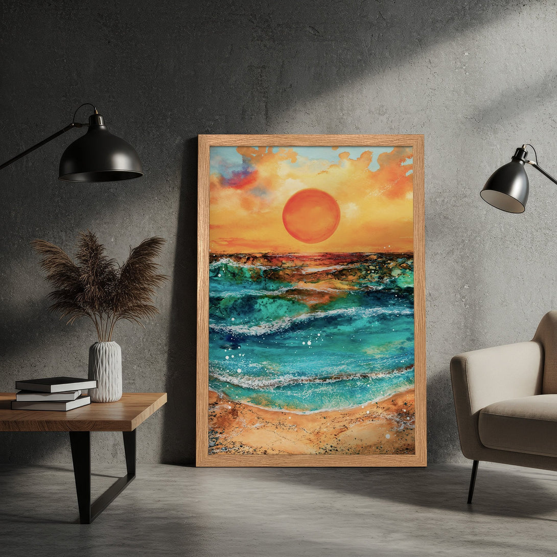 Framed Poster of a vibrant sunset over the ocean, in an abstract style with warm orange and cool teal tones.