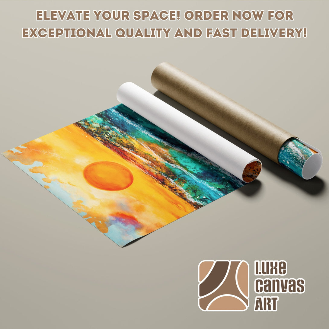 Abstract sunset poster roll with vibrant yellow, orange, and teal colors. Elevate your space with this stunning art!