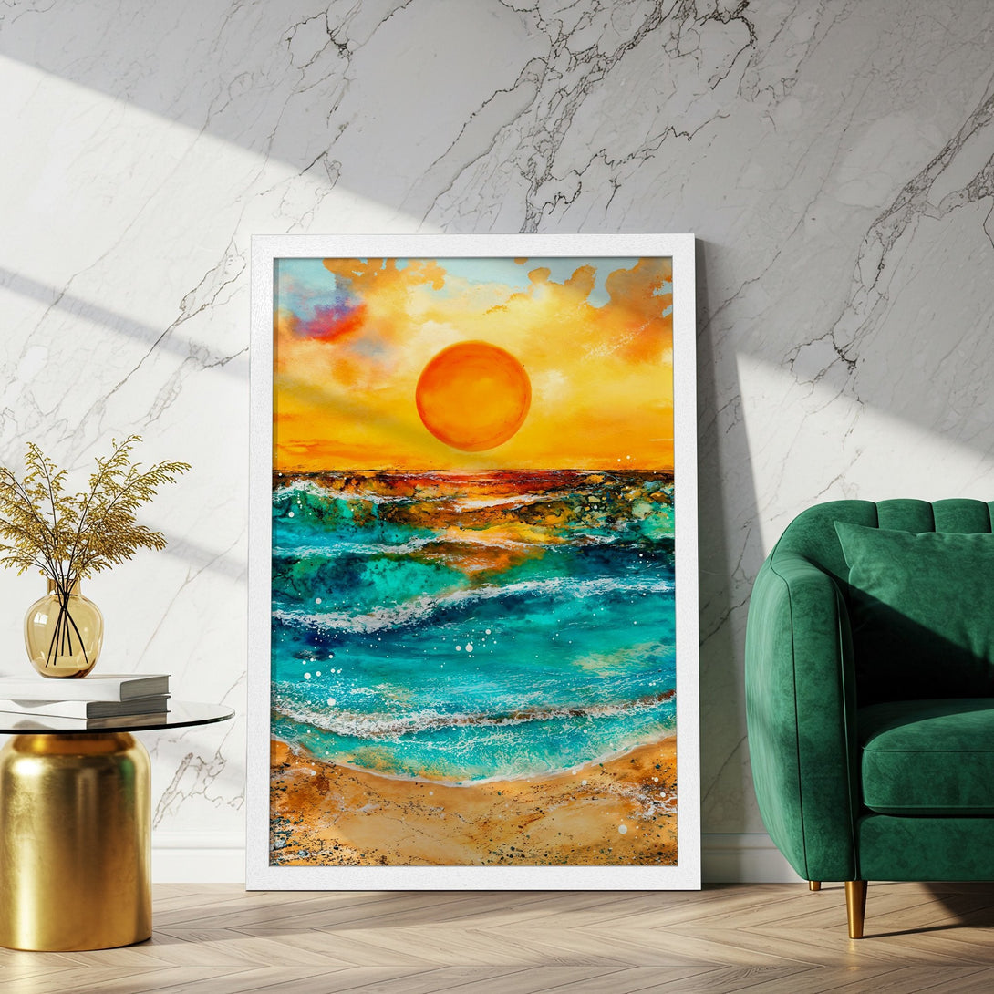 Framed Poster of a vibrant ocean sunset. Abstract style with warm orange, yellow, and turquoise color palette. Perfect wall art for any space.