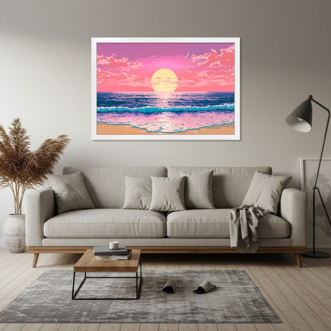 Framed Poster of a pixelated sunset over the ocean. Vibrant pink, purple, and blue color palette. Perfect wall art for any room!