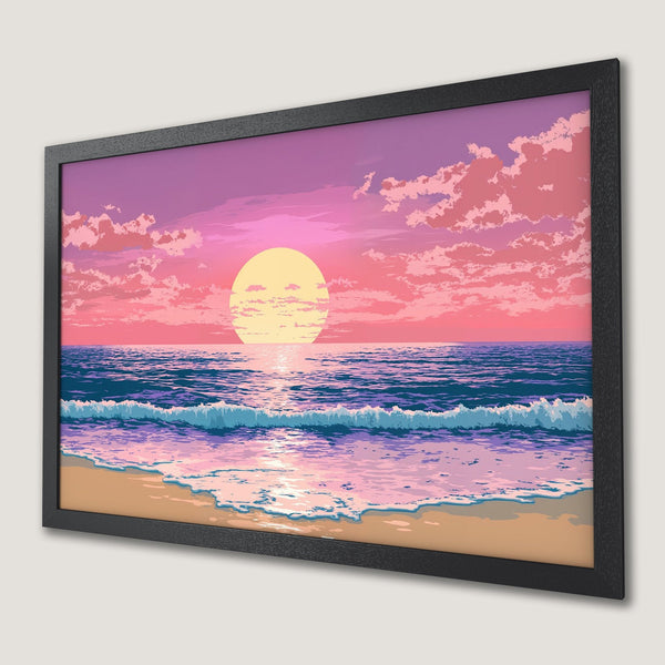 Framed Poster: Sunset beach scene in pixel art style, pink & blue color palette. Perfect wall art!