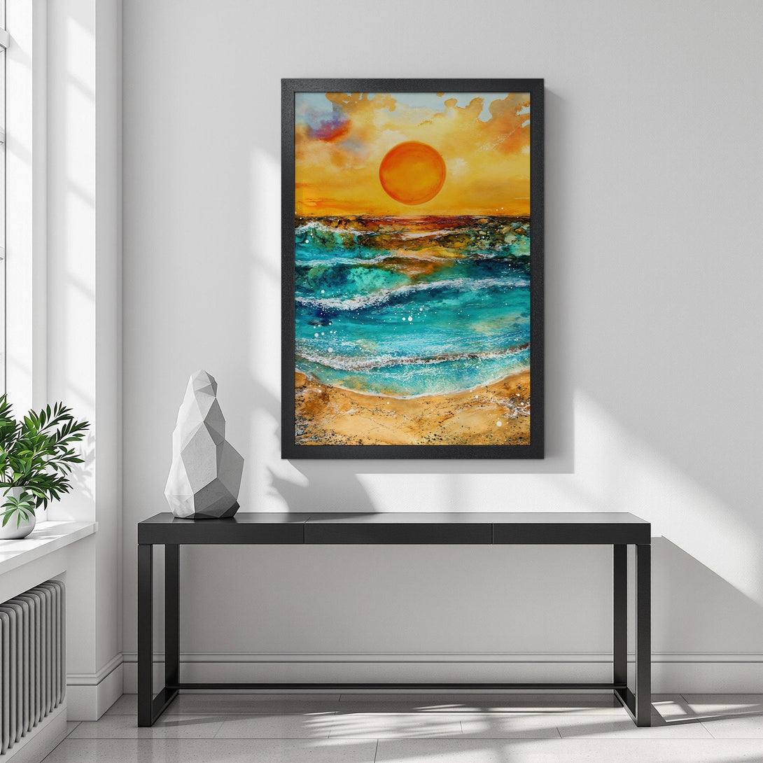 Framed Poster featuring an abstract ocean sunset. Vibrant turquoise, orange, and yellow hues. Perfect wall art for any space.