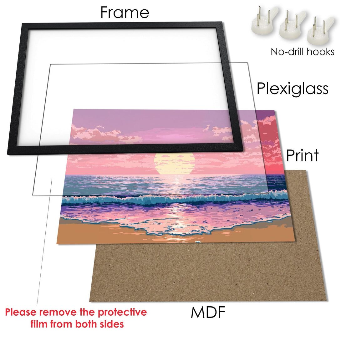 Framed Poster featuring a pixelated beach sunset in pink and blue hues. Perfect wall art!
