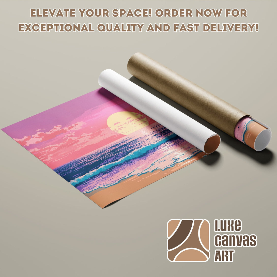 Poster Roll featuring a sunset beach scene in pinks, blues, and yellows. Elevate your space!