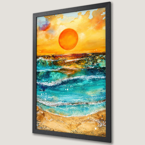 Framed Poster featuring a vibrant beach scene with a sunset, painted in an abstract style with a warm orange and turquoise color palette.