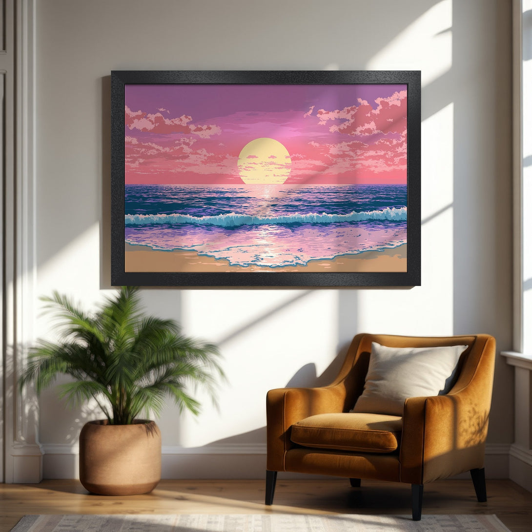 Framed Poster of a pixelated sunset over the ocean, featuring a vibrant pink and blue color palette. Perfect wall art!