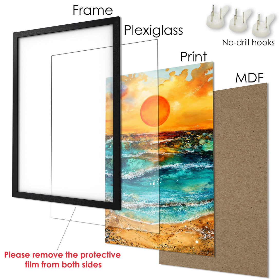 Framed Poster: Coastal sunset art print with vibrant orange, blue, and yellow hues. Perfect wall art for your home.