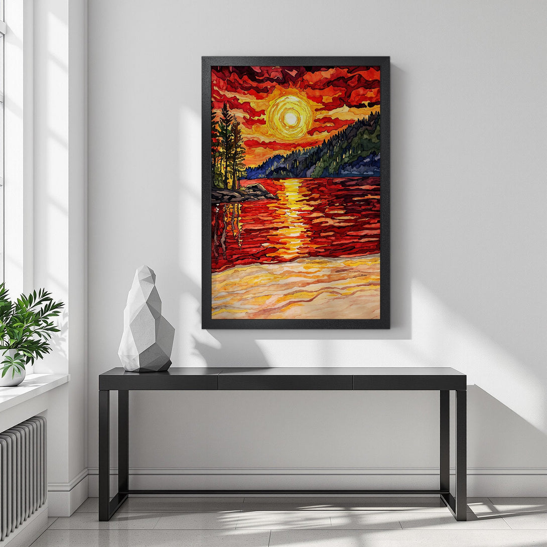 Framed Poster of a sunset over water, vibrant watercolor style, with warm red, orange, and yellow color palette.