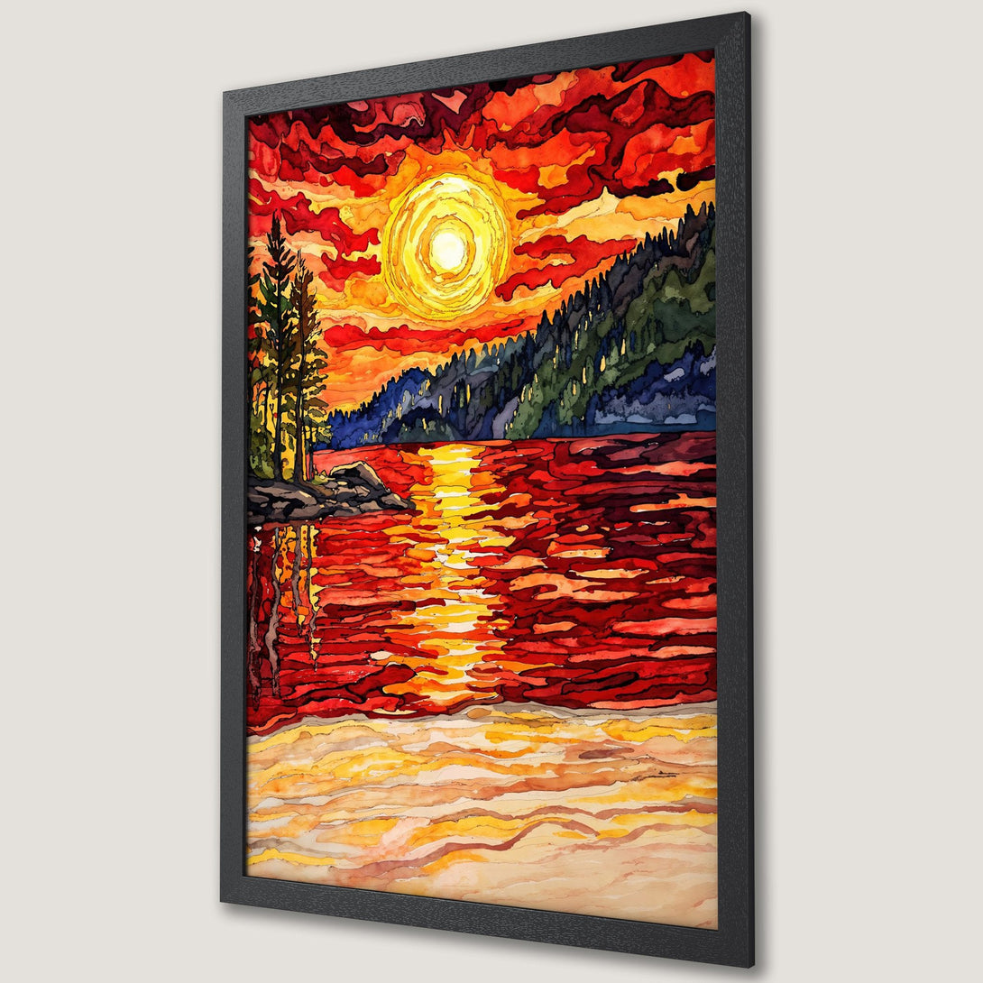 Framed Poster of a watercolor sunset over a lake. Vibrant red, orange, and yellow hues create a stunning landscape art piece.