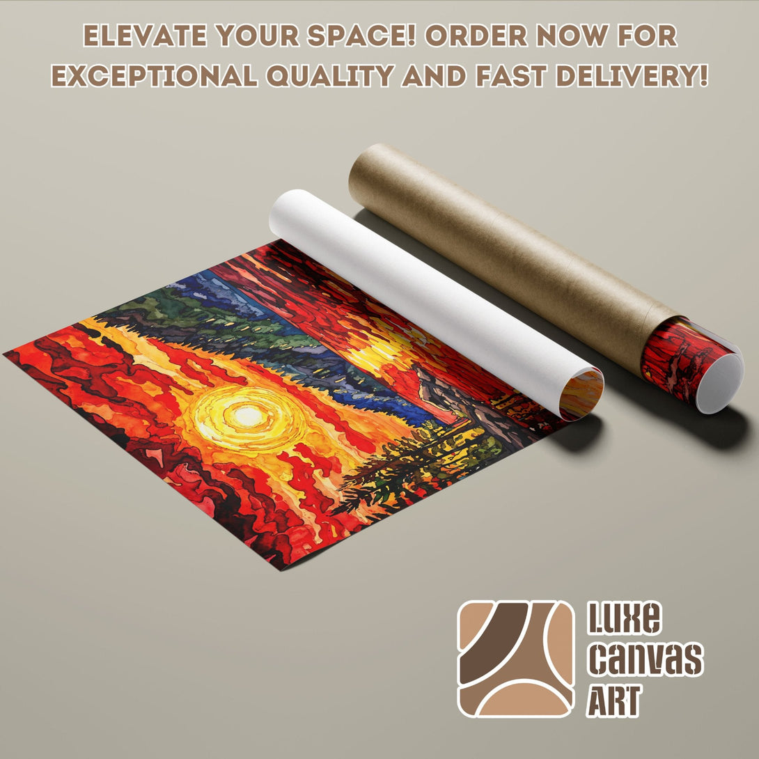 Abstract sunset Poster Roll art, vibrant red & yellow palette, perfect for home decor.