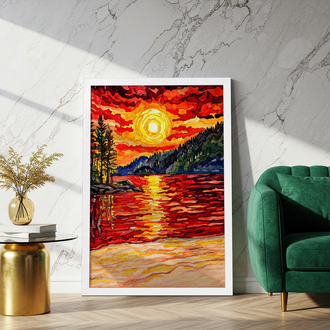 Framed Poster featuring a vibrant sunset over a lake, watercolor style with a warm red and yellow palette. Add art to your home!