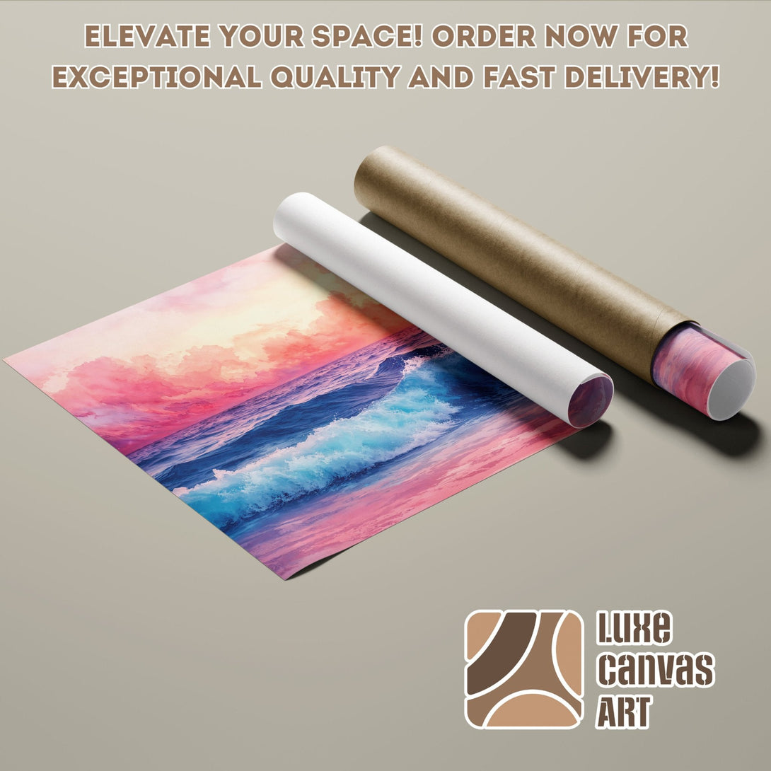 Poster Roll featuring a vibrant ocean scene, showcasing a pink, blue, and purple color palette. Order yours today!