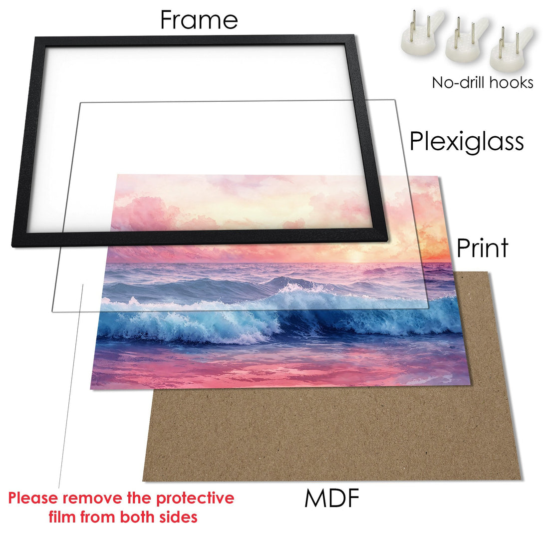 Framed Poster of ocean waves in a vibrant pink and blue color palette. Perfect wall art for a calming coastal vibe.