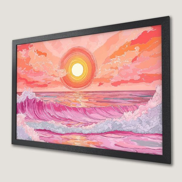 Framed Poster of a sunset over ocean waves, vibrant illustration style, pink and orange color palette.