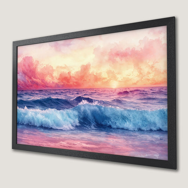 Framed Poster of ocean waves at sunset, watercolor style, with pink, blue, and orange hues.