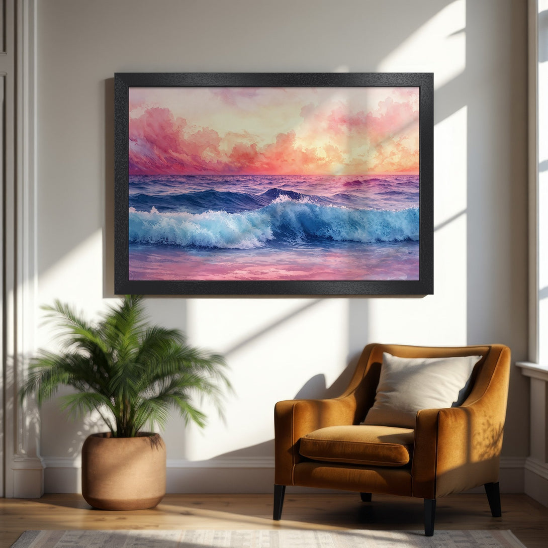 Framed Poster featuring a watercolor seascape with sunset hues. Coastal art print in pink, orange, and blue. Perfect wall decor.