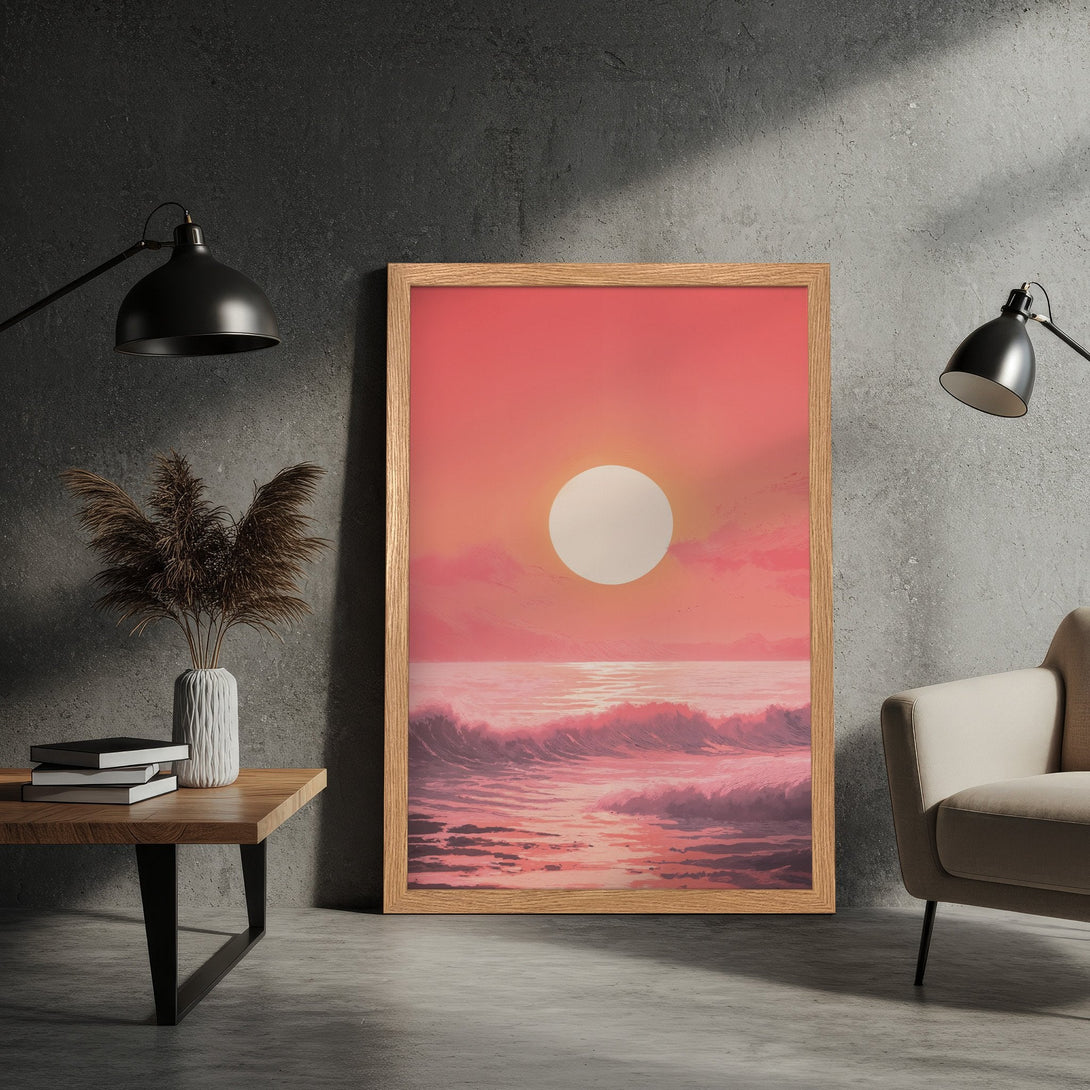 Framed Poster featuring a sunset over ocean waves, in a minimalist style with a warm pink and orange color palette. Perfect wall art!