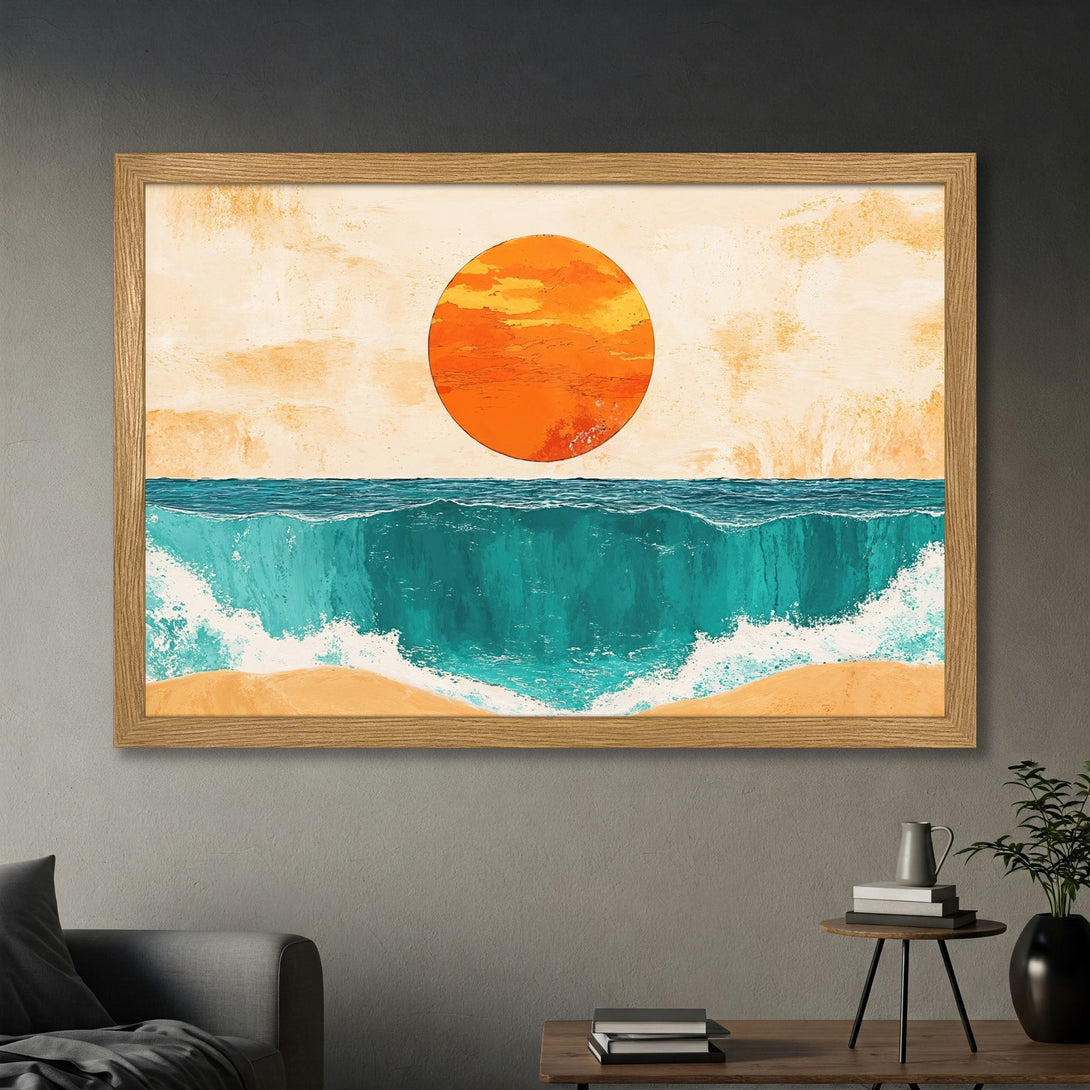 Framed Poster featuring a vibrant ocean sunset scene in a modern, abstract style with warm orange, teal, and beige tones. Perfect wall art!