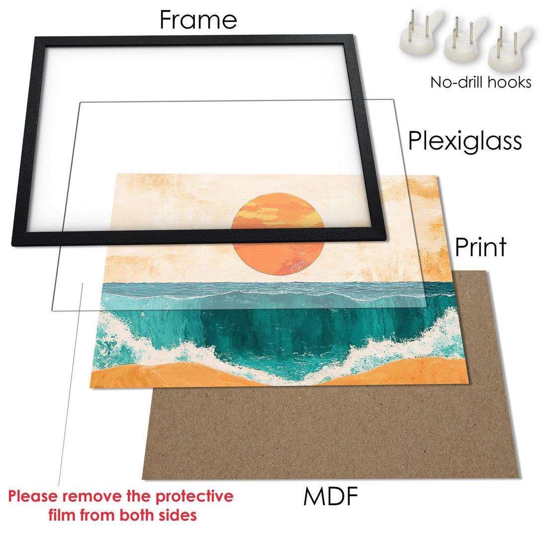 Framed Poster featuring a beach scene with a warm color palette. Coastal art print in a modern style, ready to hang.