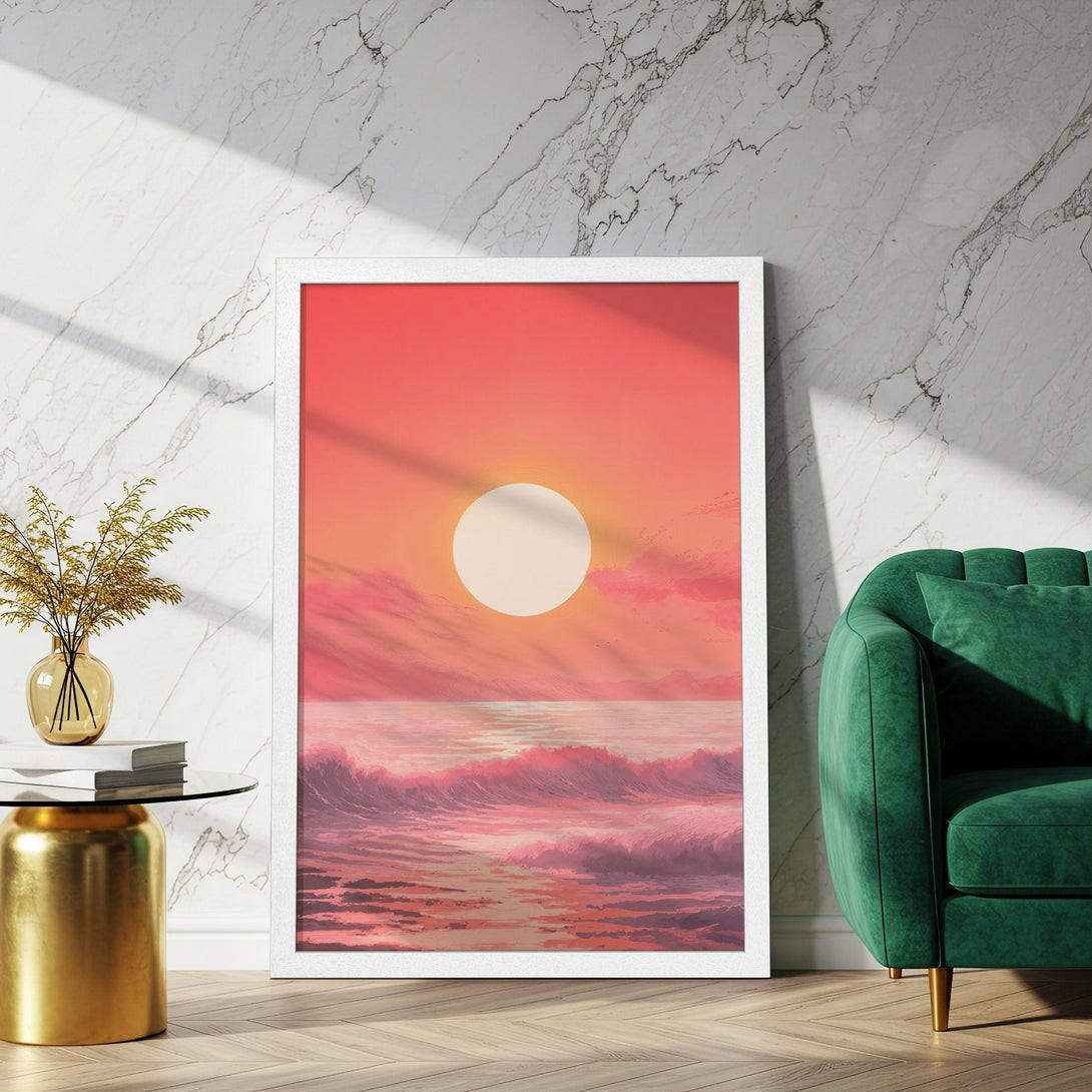 Framed Poster of a sunset over the ocean, in a dreamy, pastel color palette. Perfect wall art for a calming vibe.