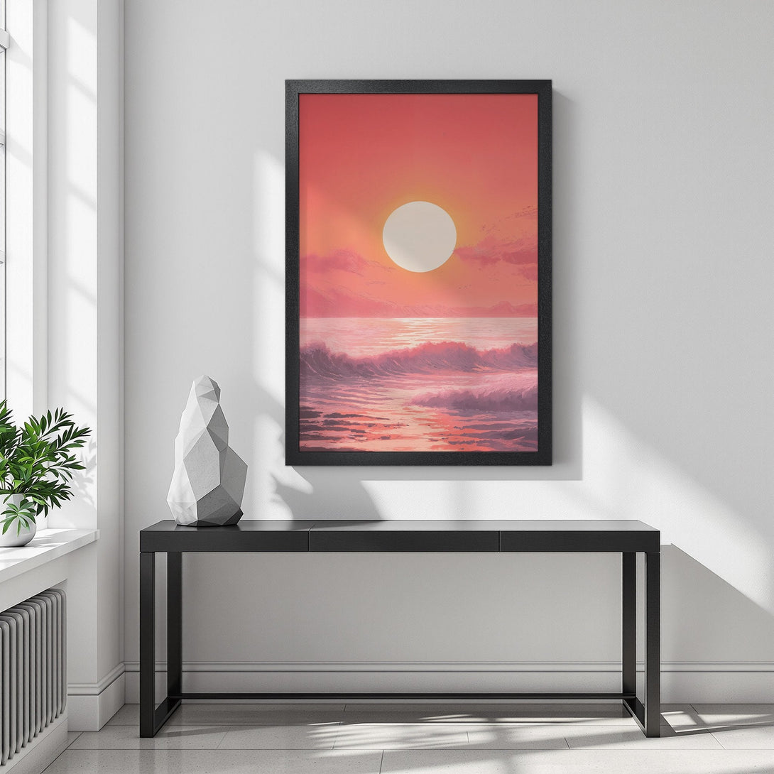 Framed Poster of a sunset over the ocean. Artistic style with a warm, pink and orange color palette. Perfect wall art for your home.